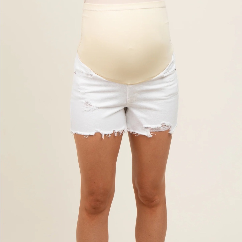 White Distressed Maternity Shorts